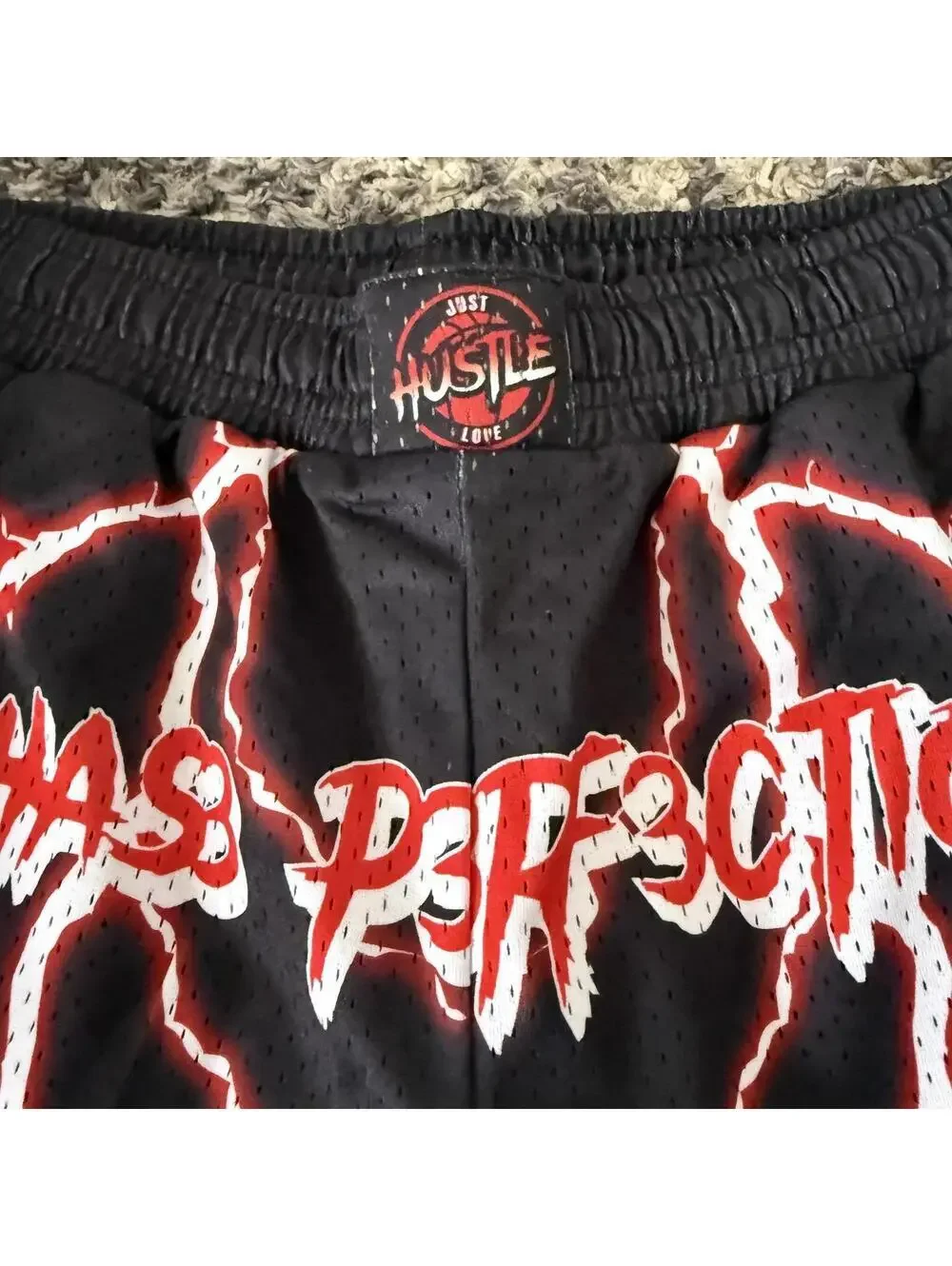 Chase Perfection Lightning Graphic Mesh Athletic Shorts Black Red Y2K